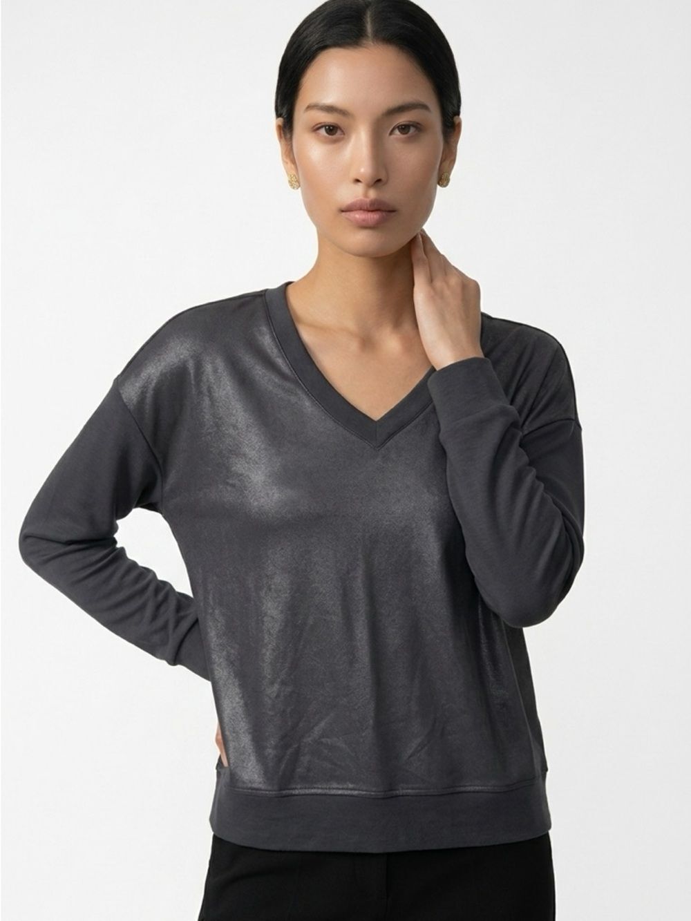 RACHEL ZOE | Black Faux Leather Look V-Neck Long Sleeve Top Women’s Size Small